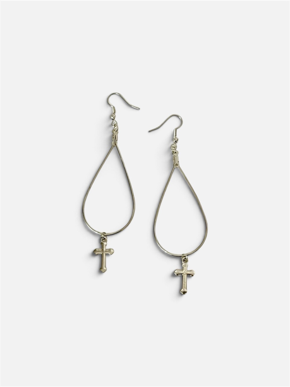 Silver Teardrop Hoop Earrings with Dangling Cross Charms Dangle Drop Faith Gift
